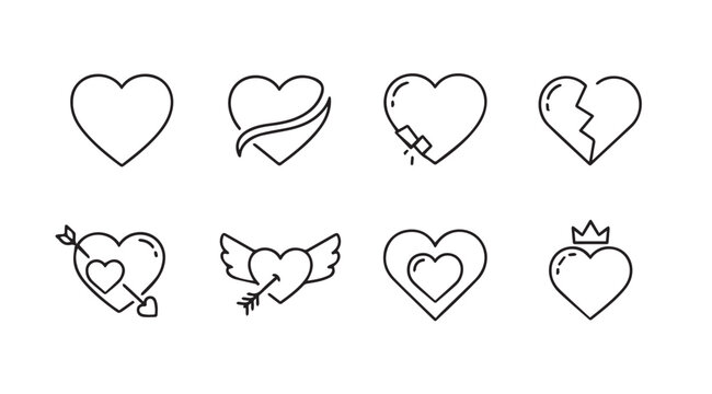 Collection of eight hand drawn heart shapes in a simple outline silhouette style