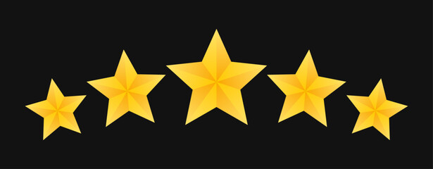Five star in 3d style on black background. Customer reviews rating about the product. Concept of feedback from the client to seller. Vector illustration.