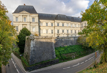 Blois, France - 10 26 2025: panoramic view of the back Royal Castle facade and the ramparts from Parc des Lices © Franck Legros