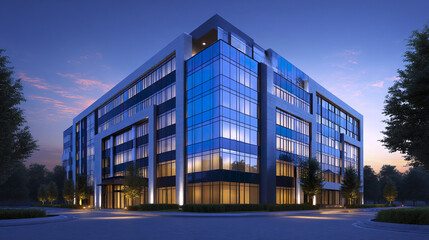 Obraz premium Modern office building with glass facade reflecting evening sky, surrounded by trees and soft lighting, creating calm and professional atmosphere at dusk