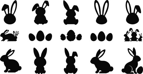 Collection of black silhouette Easter bunnies and eggs on a white background Easter bunny