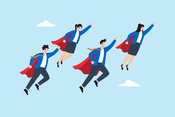 Flat illustration of business team flying upward with superhero cape symbolizing high performance and career empowerment © VZ_Art