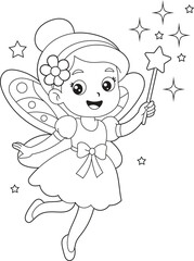 Cute Fairy Girl Coloring Page with Magic Wand. Kawaii Princess Fairy Printable for Kids and Adults. Sparkly Stars Fantasy Coloring Sheet for Children.