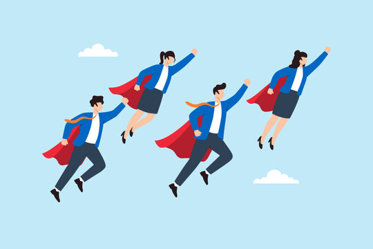 Flat illustration of business team flying upward with superhero cape symbolizing high performance and career empowerment