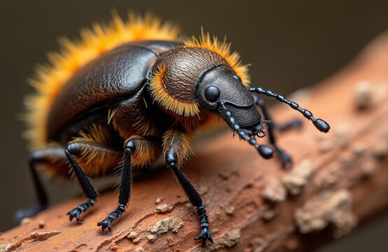 Close up of a hairy beetle with orange fur on a brown tree branch. This small insect is a type of bark borer. The macro view shows detailed exoskeleton and antennae.