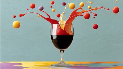 Colorful splash of liquid from a glass, surrounded by vibrant spheres, creating a dynamic and artistic scene, showcasing creativity and energy in a visually striking composition