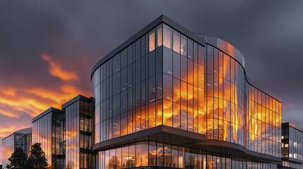 Modern office building corner captured at sunrise with dramatic orange sky reflecting on glass windows, creating vibrant and inspiring urban scene full of energy and light