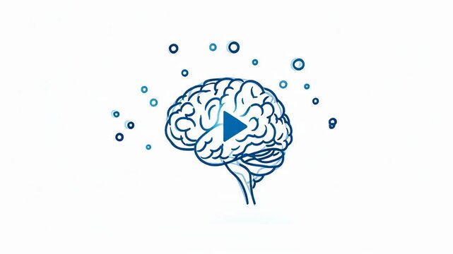 Abstract blue outline illustration of a human brain with a play button and surrounding thought bubbles on a white background.