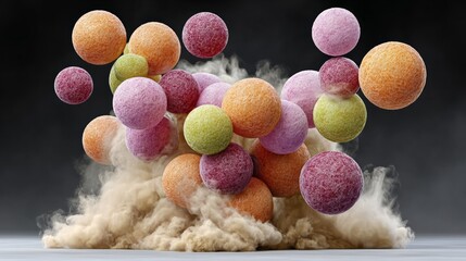 Colorful spheres of various sizes and textures floating above a cloud of dust, creating a dynamic and vibrant visual display, representing creativity and imagination in abstract art