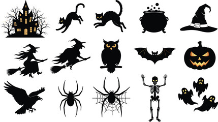 Halloween black silhouette icons of haunted house witches cats owl bat pumpkin spider skeleton and ghosts