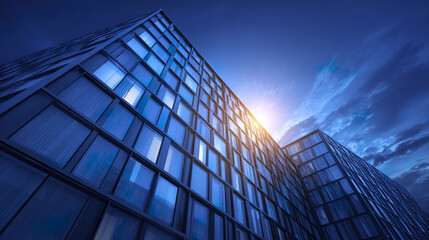 Fototapeta premium Modern office building facade with glass windows reflecting blue sky and sunlight, creating sleek and professional atmosphere in urban setting