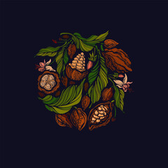 Cocoaб black chocolate. Tropical fruit. Nature emblem