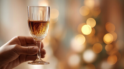 Close-up of a single hand extending a glass forward for a toast, soft bright backdrop with abstract bokeh, clean festive tones