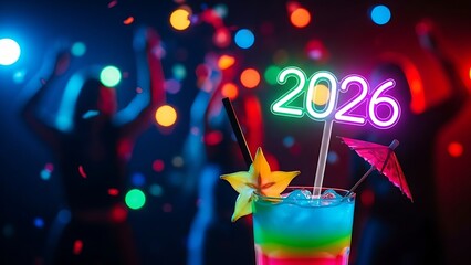 Mocktail with Neon 2026 Stirrer Colorful Festive New Year Drink Photo