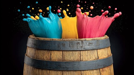 Vibrant splashes of blue, yellow, and pink paint erupting from a rustic wooden barrel, creating a dynamic and colorful visual display of creativity and artistic expression