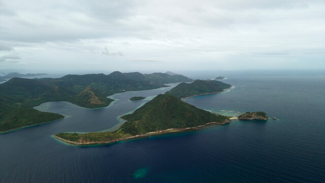 Wide aerial panorama of coastal islands and bay in Coron Palawan