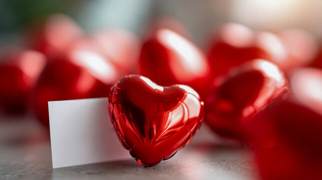 Glossy red heart balloon beside a blank card on a marble surface with scattered confetti - Powered by Adobe