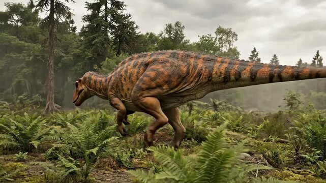 Large dinosaur strides through a lush prehistoric forest, guarding a nest of eggs &mdash; a dramatic paleoart scene evoking ancient wildlife, parenthood and survival in the jurassic