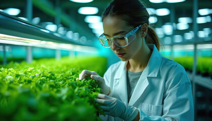 Female scientist examines green plants in hydroponic greenhouse. Woman wears lab coat gloves and protective eyewear. Researcher studies sustainable eco farming methods for future food production.