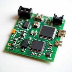 Green circuit board with black chips and USB ports. Electronic components and circuitry on a white background. Technology hardware for digital devices and data.