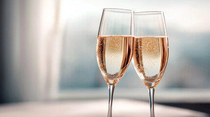 Gentle celebratory moment captured with glasses tilted toward each other over a neutral blurred background, clean contemporary palette