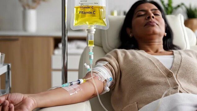 Woman Receives Intravenous Vitamin C Infusion Therapy in Relaxed Medical Spa Setting Natural Light
