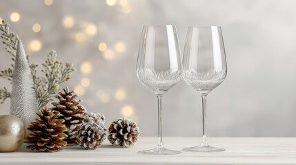 Glasses raised in front of a minimalistic holiday decor arrangement, bright clean palette and soft background haze