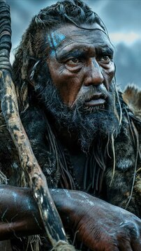 An early hominid stands holding a staff, facing forward. The archaic human is a stone age man. This gives a sense of the life of an ancient ancestor of modern humans