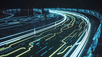 Running track formed from glowing data streams – Suitable for data flow, virtual race, or computer science.