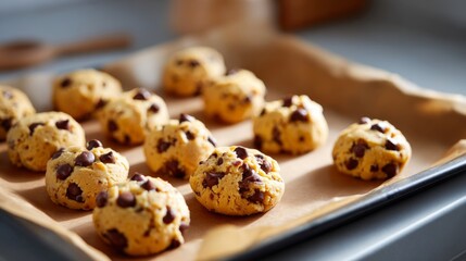 Freshly made chocolate chip cookie dough balls on a parchment-lined baking tray, ready to be baked.