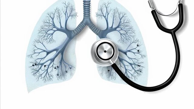 Animated graphics of human lungs are examined with a stethoscope to check for signs of a disease related to the lungs like asthma in this educational Health video