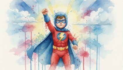A child hero stands in radiant watercolor light symbolizing hope creativity and youth empowerment for global children events
