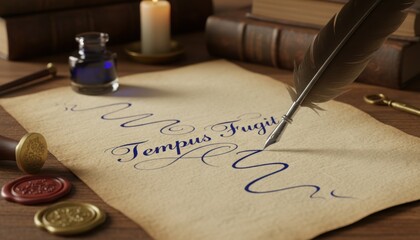 A quill writes the phrase Tempus Fugit on aged parchment surrounded by candles and seals evoking the passage of time and classic literary tradition