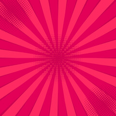 Comics pink retro background with halftone corners and rays. Summer backdrop. Vector illustration in retro pop art style for comics book, poster, advertising design.