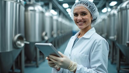 Woman in lab coat and hair net holds tablet in food factory. She smiles looking at camera near large metal tanks. Pro inspects production process with digital device.