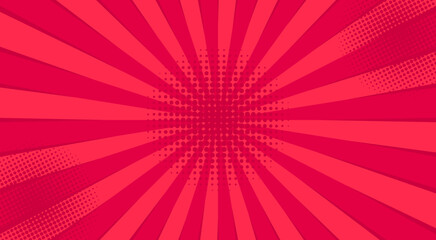 Comics red retro background with halftone corners and rays. Summer backdrop. Vector illustration in retro pop art style for comics book, poster, advertising design.
