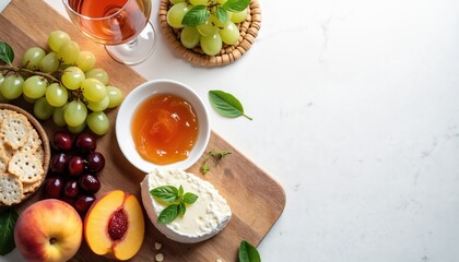 Appetizing cheese platter with rose wine overhead view. Tasty fruits bread crackers brie cheese grapes cherries peach and jam on wooden board serve healthy snack. Food styling flatlay.