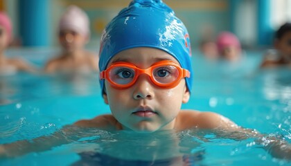 Young boy in blue swim cap and goggles in pool. He looks forward at the viewer. Other kids at swimming lesson in background. Water sports training