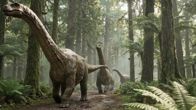 Herd of massive brachiosaurus sauropods walking along a muddy path in a dense, primeval forest with ferns and tall trees, depicting life during the jurassic period