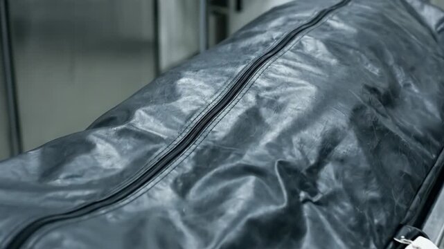 Deceased person lying in a black body bag on a metal gurney, positioned within a cold and sterile morgue or autopsy room, conveying themes of death, crime investigation, and forensic examination