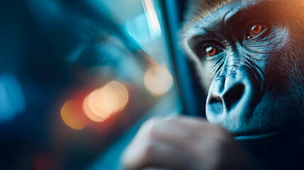 Close-up portrait of a gorilla in a business suit, with expressive eyes and dramatic cinematic lighting