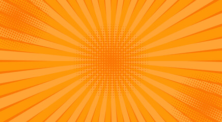 Comics orange retro background with halftone corners and rays. Summer backdrop. Vector illustration in retro pop art style for comics book, poster, advertising design.