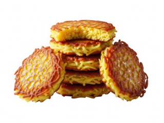 Golden crispy potato pancakes stacked for food presentation in png transparent background format