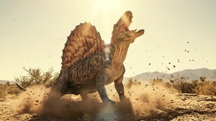 Dimetrodon snarling on sunbaked desert terrain, mouth open to reveal teeth, spiny sail visible as this permian predator prowls dusty, ancient wilderness habitat