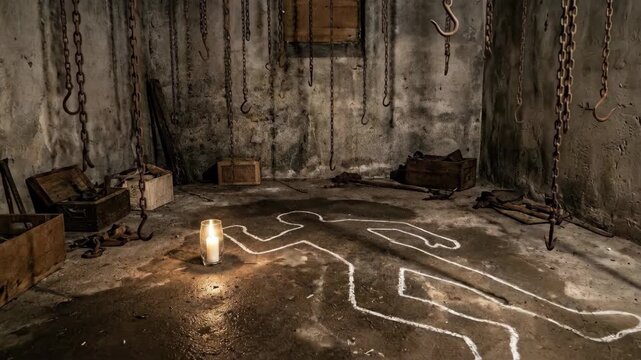 Grimy basement dungeon with chalk body outline on wet concrete, single candle casting shadows on rusty chains and meat hooks, eerie, abandoned crime scene vibe