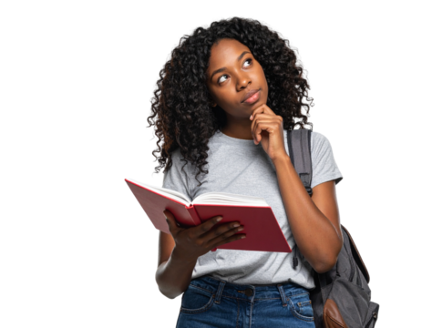 University student standing with open notebook and thoughtful expression, isolated on a transparent background, PNG - Powered by Adobe