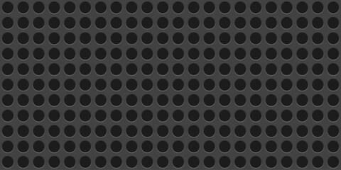 Dark grey perforated metal plate with circular holes. Realistic iron grill with 3d dot holes. Circle mesh backdrop forming a modern industrial pattern. Steel speaker grid. Vector illustration