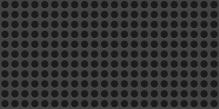 Dark grey perforated metal plate with circular holes. Realistic iron grill with 3d dot holes. Circle mesh backdrop forming a modern industrial pattern. Steel speaker grid. Vector illustration