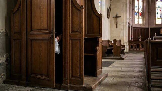 Human hand extending from the dark interior of an old wooden confessional, holding a white lace cloth, emphasizing faith, confession, and forgiveness within a church