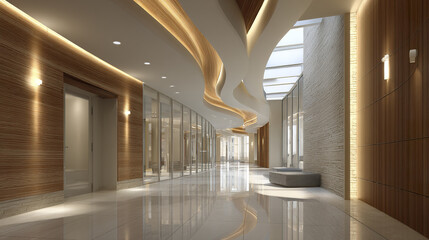Obraz premium Modern office hallway with curved ceiling design and warm lighting, featuring glass walls and polished floor reflecting elegant architecture and creating calm atmosphere